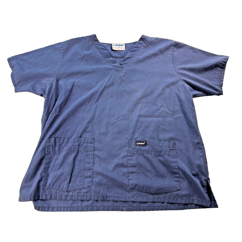 Landau Scrub Top Unisex Navy Blue V-Neck 3 Pocket Medical Uniform Approx XL